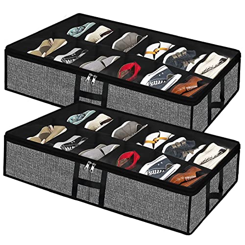 Meerainy Under Bed Shoe Organizer Storage for Closet 2 Pack- Fits 24 Pairs Underbed Shoes Container Boxes with H Shap Sturdy Handles and Clear Window,Foldable Shoe Rack Holder,Black