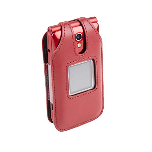 Fitted Leather Case for Alcatel GreatCall Jitterbug Flip Phone for Seniors, Features: Rotating Belt Clip, Screen & Keypad Protection, Secure Fit (Red)