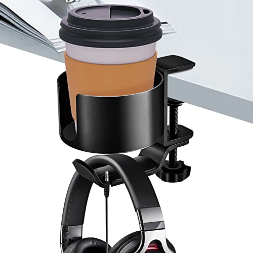 Desk Cup Holder, Meekakee 2 in 1 Desk Cup Holder with Headphone Hanger, Anti-Spill Cup Holder for Desk or Table, Easy to Install, Sturdy and Durable, Enough to Hold Coffee Mups