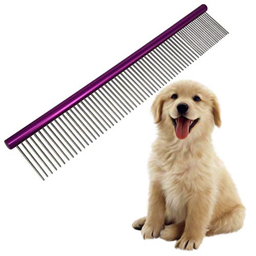 Pet Comb 10 inches Comfortable Grooming Comb with Different-Spaced Rounded Stainless Steel Teeth, Easy Grip and Convenient Grooming for Pets Dog Cat with Medium Coarse Fur - Purple