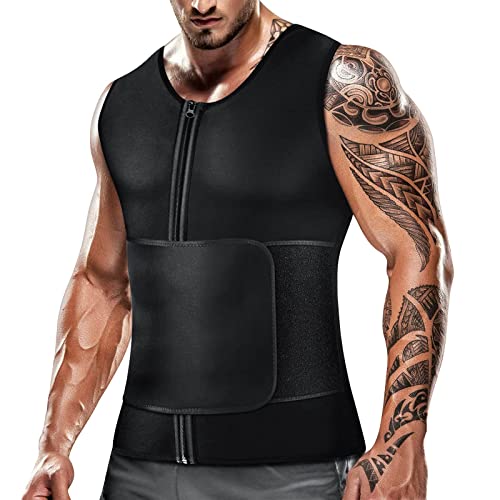 Cimkiz Mens Sweat Sauna Vest for Waist Trainer Zipper Neoprene Tank Top, Adjustable Sauna Workout Zipper Suit (Black, X-Large)