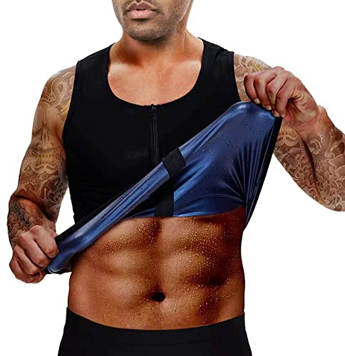 BODYSUNER Sauna Sweat Vest Top Waist Trainer for Men With Zipper Compression Workout Enhancing Vest Blue,S/M