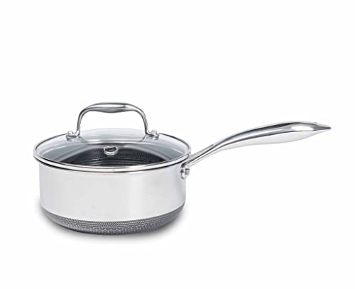 HexClad 3 Quart Hybrid Stainless Steel Pot Saucepan with Glass Lid - Easy to Clean, Dishwasher & Oven Safe, Non-stick, Ideal for Making Sauces, Reheating Soups, Stocks, and Cooking Grains