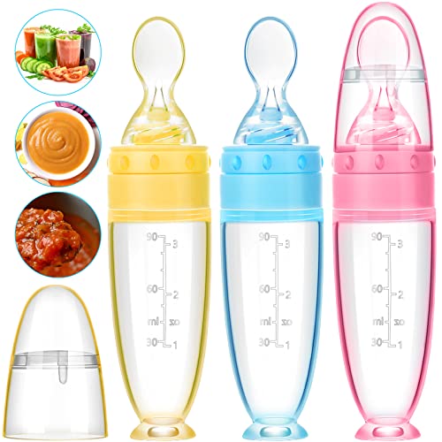 3 Pieces Baby Silicone Feeding Bottle Spoon Baby Food Feeder with Standing Base for Infant Dispensing and Feeding