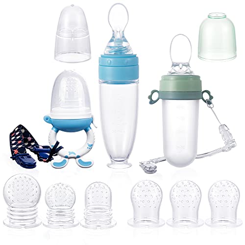 Baby Food Feeder - 2 Baby Fruit Pacifiers & 1 Soft Silicone Squeeze Spoon Bottle for Baby First to Second Feeding - Infant Food Dispensing and Feeding