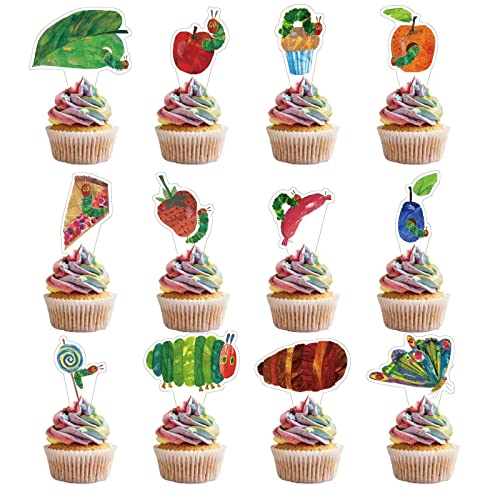 Xiliconie Very hungry caterpillar decorations-Hunger Caterpillar Cupcake Toppers Set 24 pcs-Apple Cake Topper Butterfly Baby Cake for Theme Kids Boy girl Birthday Party Event Decoration Supplies