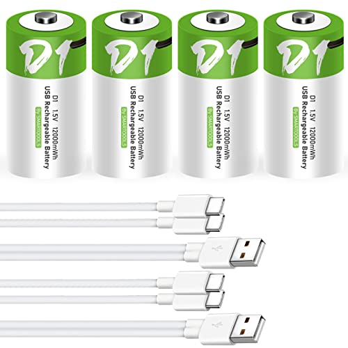 CAMELCELL D Batteries 4Pack Rechargeable Lithium ion D Cell Battery 12000mWh +2 PCS 2 in 1 USB Type C Charger Cable,1200 Cycle Times Long-Lasting Power D Battery for Flashlights Clocks Tools Toys