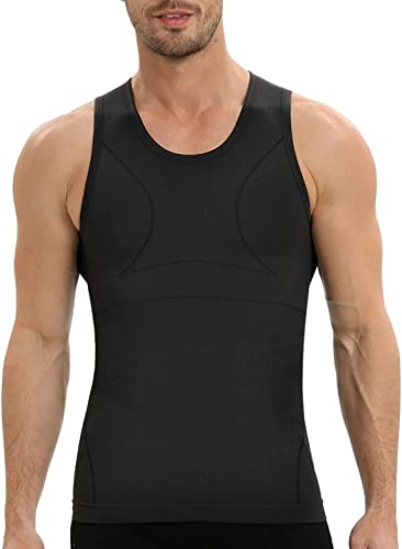 PODFAN Gynecomastia Mens Compression Shirt, Slimming Tank Top, Men Body Shaper Vest, Tummy Control Undershirts(Black,Large)