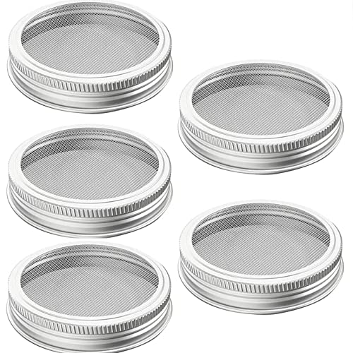 Sprouting Lids, 20 Mesh 304 Stainless Steel Sprouting Jar Lids, Sprouting Kit for 86MM Wide Mouth Mason Jars, Germination Kit Lids Grow Bean Sprouts, Broccoli Seeds, Alfalfa, Salad Sprouts and More, 5 Pack