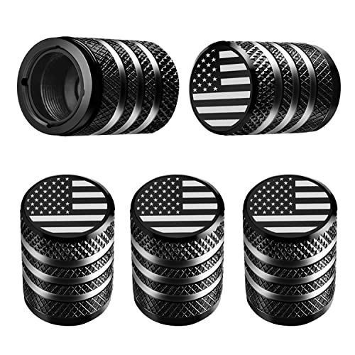 Tire Valve Stem Cap Cover - (5 Pack) Tire Air Cap Metal with Plastic Liner Corrosion Resistant Leak-Proof American Flag for Car Truck Motorcycle Bike Black