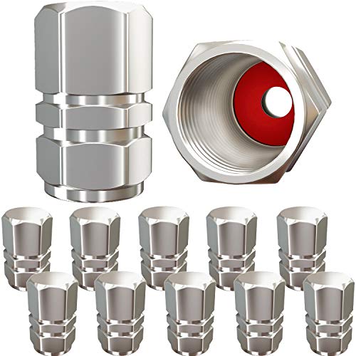 Tire Valve Caps (12 Pack) Heavy-Duty Stem Covers | Dust Proof, with O Rubber Seal | Hexagon Design | Outdoor, All-Weather, Leak-Proof Air Protection | Light-Weight Universal Aluminum Alloy (Silver)