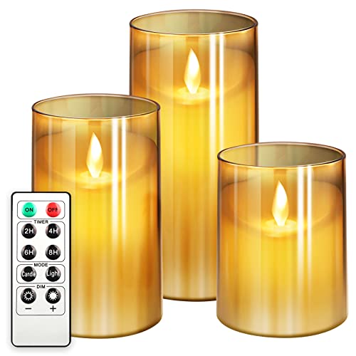 NURADA 3"x5"Flickering Flameless Candles: Unbreakable Glass Battery Operated LED Pillar Candles - Acrylic Battery Candles with Remote and Timer & Gray (Gold, 3" x4''5''6")