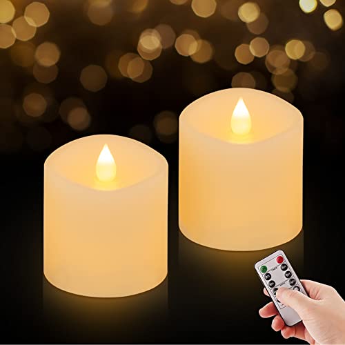 3x3 Flickering Flameless Candles Set of 2, 2AA Battery Life 600 Hours Battery Candles Flickering with Timer, 3 inch Flameless Candles with Remote, Small Candles Battery Operated for Party/Wedding