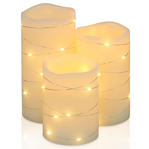 H-BLOSSOM Flickering Flameless Candles Ivory Real Wax Pillar with Embedded String Lights LED Candles Battery Operated with Cycling 5H Timer Set of 3 (3" x 4"/5"/6") (Ivory)