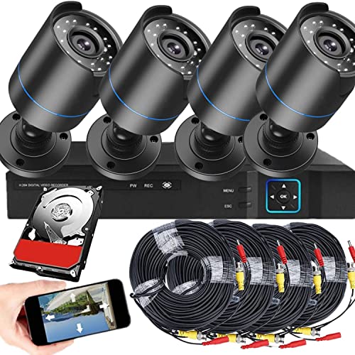 4CH AHD Wired DVR Video Security Camera System Built in 512GB Hard Disk, Night Vision with 4 * 1080P HD Waterproof Bullet Cameras Indoor/Outdoor CCTV Surveillance Camera with 4 * 60cm BNC Cables