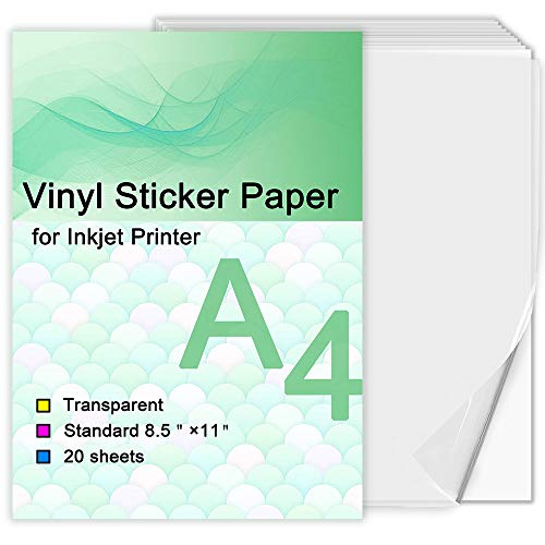 Printable Vinyl Sticker Paper for Inkjet Printer - Transparent Clear - 20 Self Adhesive Sheets - Waterproof Decal Paper - Standard Letter Size 8.5"x11" (20 sheets, transparent)