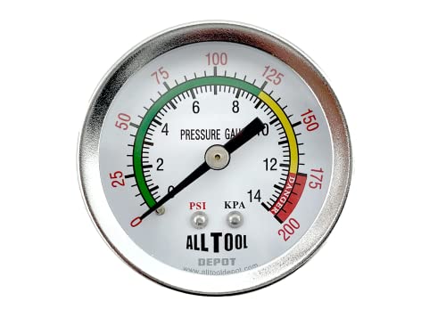 All Tool Depot 2'' Air Pressure Gauge Center Back Mount 1/4'' NPT 2'' Dial - 0 to 200 PSI (Color Coded) (B2BPG20-02B-200)
