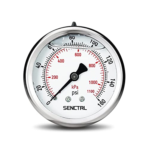 SENCTRL 0-160 Psi Glycerin Liquid Filled Air Pressure Gauge, 2.5" Dial Size, 1/4" NPT Back Mount, Stainless Steel Case, for Water Pump, Tire, Large Air Compressor, Well, RV Regulator Pressure Test