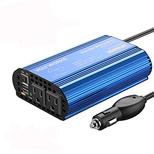 300W Pure Sine Wave Power Inverter for Car Truck RV Adapter DC 12V to AC 110V 120V with 2x2.4A Dual USB Port & AC Outlets by VOLTWORKS