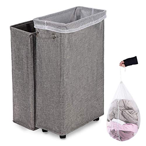 Laundry Hamper, Caroeas 27" Burlap Rolling Laundry Hamper Collapsible Tall & Slim Laundry Basket with Breathable Wash Bag Waterproof & Dustproof Laundry Cart on Wheels (Grey Linen)