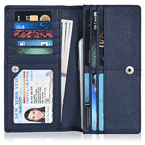 Leather Womens Wallet-Zipper Pocket, Slim RFID 11 Cardholder Wallets for Women(Navy)