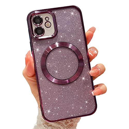MGQILING Compatible with iPhone 12 Magnetic Glitter Case, Luxury Plating Cute Bling Clear Phone Case, Compatible with MagSafe for Women Girls with Camera Protector Back Cover - Purple