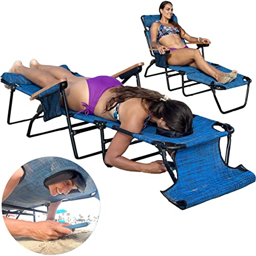 EasyGo Product FLIP Face Down Tanning Chaise Lounge Chair with Face & Arm Holes-4 Legs Support-Textilene Material-6 Position-Arm Head Rest Pillow-Beach or Home Use-PATENTS Pending, 1 Pack, Blue