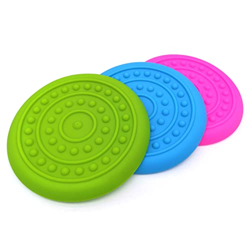 DOGCOME 3 Pack Soft Rubber Dog Flying Discs for Small Medium Large Dogs (Small, Pink&Green&Blue2)