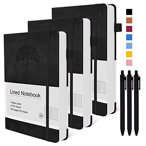 Lined Journal Notebook for Women Men, 3 Pack A5 Thick Hardcover Journals for Writing with 200 Pages 100 Gsm Thick Paper, Leather Journal Ruled Notebook for Travel Work Business Journaling Note Taking Diary( 5.75'' X 8.38'' Black)