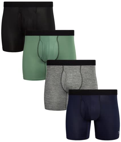 Reebok Men's Underwear - Performance Boxer Briefs with Fly Pouch (4 Pack), Size Large, Black/Green/Heather Grey/Navy