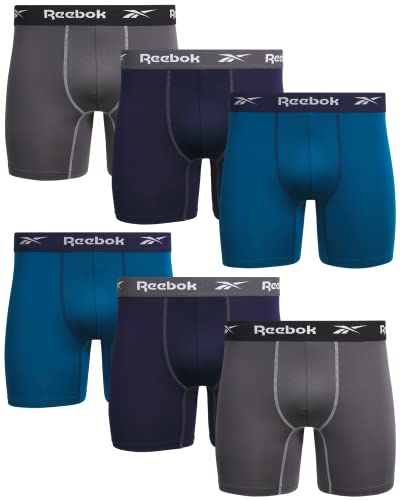 Reebok Men's Underwear - Active Performance Boxer Briefs (6 Pack), Size Large, Grey/Navy/Blue