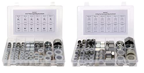 128 Pcs. JIC 37 Flare Thread & O-Ring Face Seal ORFS Cap & Plug Assortment Kit, Galvanized Steel with Precision Threading Industrial Hydraulic Fitting Set, Dash Sizes 04 06 08 10 12 16