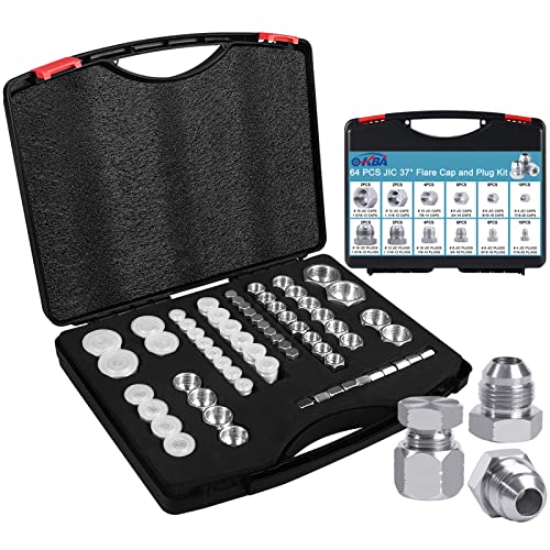 64pcs JIC 37Flare Thread Cap & Plug Kit, 37 Degree JIC Cap and Plug Hydraulic Adapter Kit Fittings Set,Sizes-04 06 08 10 12 16,Galvanized Steel with Precision Threading