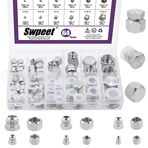 Swpeet 64Pcs Hydraulic Fittings JIC 37 Flare Thread Cap & Plug Assortment Kit, Hydraulic JIC Fittings Hydraulic Adapter Fittings ash Precision Threading Sizes 04 06 08 10 12 16