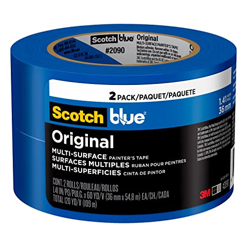 ScotchBlue Original Multi-Surface Painter's Tape, Blue, Paint Tape Protects Surfaces and Removes Easily, Multi-Surface Painting Tape for Indoor and Outdoor Use, 1.41 Inches x 60 Yards, 2 Rolls