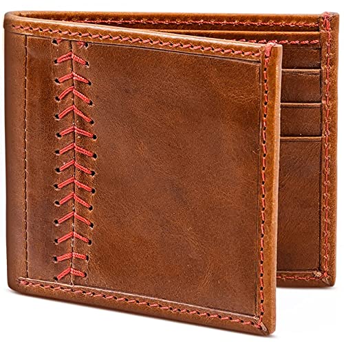 RAW HYD Leather Baseball Wallet - RFID Blocking Stitched Mens Leather Wallets - Baseball Wallets for Men - Full-Grain Leather Bifold Wallets for Men  Baseball Gifts for Men