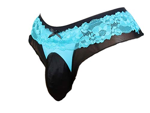 Sissy Pouch Panties Men's lace Underwear Thong Bikini Briefs Sexy for Men VC (- M) Blue/Black