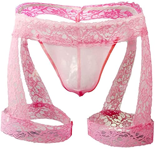 Walang Lip Men's Panties Lingerie Lace Low Rise Stretchy G-String Bikini Thong Underwear with Garter (Pink)
