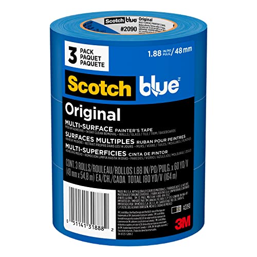 ScotchBlue Original Multi-Surface Painter's Tape, Blue, Paint Tape Protects Surfaces and Removes Easily, Multi-Surface Painting Tape for Indoor and Outdoor Use, 1.88 Inches x 60 Yards, 3 Rolls