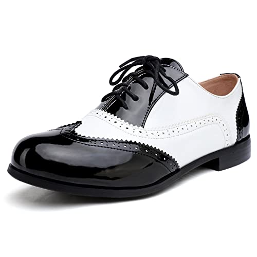 Odema Womens Classic Wingtip Brogue Lace Up Low Heel Dress Oxfords, Blackwhite, 9 M US