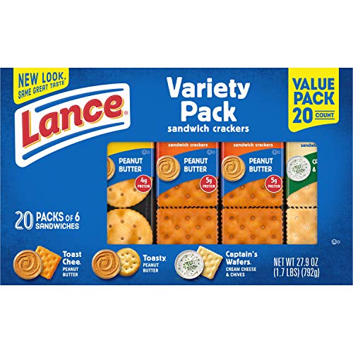 Lance Sandwich Crackers, Variety Pack, 3 Flavors, 20 Individually Wrapped Packs, 6 Sandwiches Each