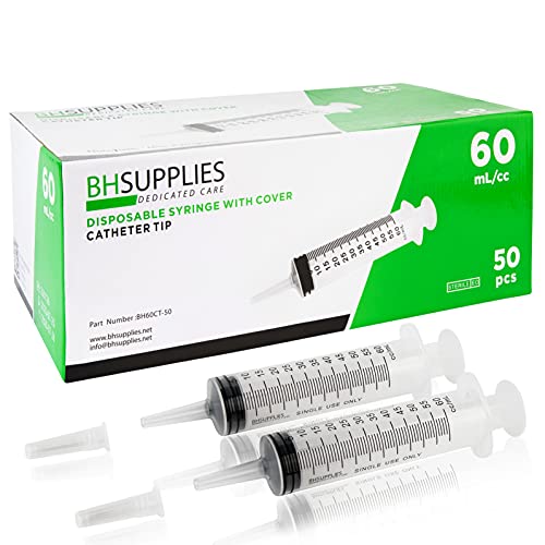 60ml Syringe Catheter Tip Sterile with Covers - 50 Syringes by BH SUPPLIES - (No Needle) Individually Sealed - Multiple use Applications. Feeding, Dispensing, Lip Gloss and Many Other uses