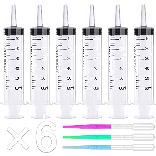 Large Syringe for Lip Gloss, 6-Pack 60ml Syringes and Pipettes for Lipgloss Base Tubes Supplies Liquid Oral Medicine Injection Feeding Syringes Without Needle, with 3 Pc Extension Pipette Dropper