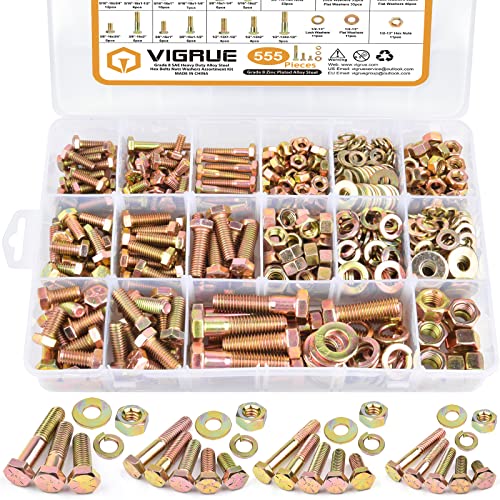 VIGRUE 555PCS 1/2-13 1/4-20 5/16-18 3/8-16 Heavy Duty Bolts Nuts Kit, Grade 8 UNC Bolts Hex Cap Screws Nuts Washers Assortment Kit, Fully and Half Threads, 18 Common Sizes