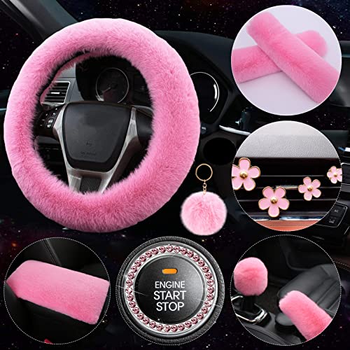 Fluffy Steering Wheel Cover for Women,LXPKKIG Faux Wool Steering Wheel Cover Cute Fluffy Car Accessories Set for Women Girls Universal Fit 15 inch Steering Wheel 1 Set 12 Pcs (Pink)