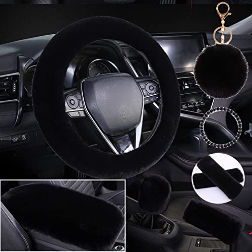 STEVE YIWU Cute Fluffy Steering Wheel Cover Set, Warm Soft Fur Fuzzy Steering Wheel Covers for Women/Girls,Universal 15 Inch 1 Set 8 Pcs Car Accessories (Black)