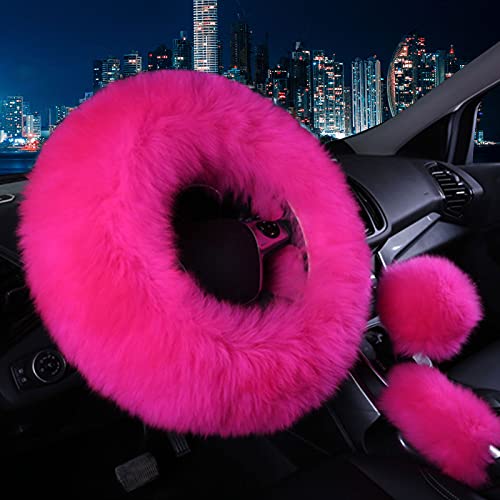 Vacallity 3 Pcs Fluffy Steering Wheel Covers, Universal Soft Comfortable Non-Slip Pure Wool Car Wheel Covers with Handbrake Cover Gear Shift Cover for WomanGirl, 15"(Rose Red)