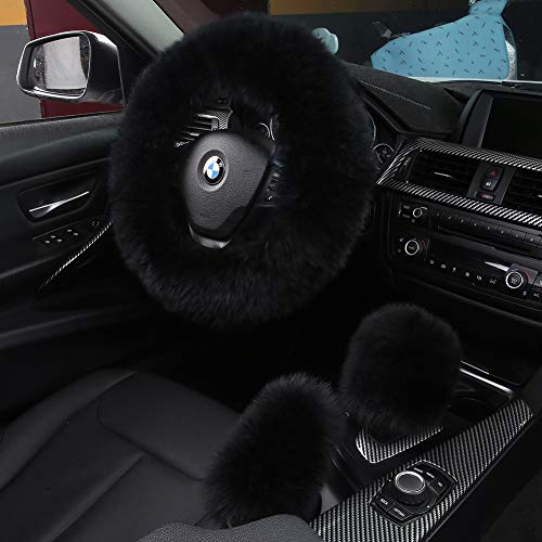 AOGELAN 3Pcs Set Fashion Fluffy Fuzzy Wool Fur Soft Steering Wheel Cover with Handbrake Cover & Gear Shift Cover for Women/Girls/Ladies Car Decoration Long Wool Accessories (Black1)