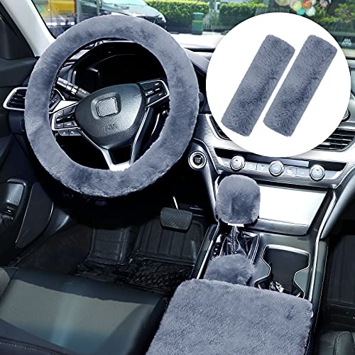 6 Pieces Fluffy Steering Wheel Covers Set for Women, Fur for Car Accessories, Fuzzy Gear Shift Cover Handbrake Center Console Seat Belt Shoulder Pads Cover Decoration (Grey, Short Hair)