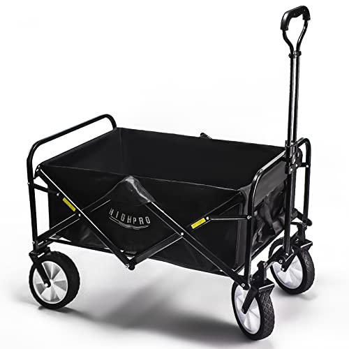 Highpro 400LB Collapsible Wagon, Heavy Duty Utility Garden Cart, Foldable Portable 110L Large Capacity Stroller with 360 Wheels Adjustable Handle Drink Holders for Outdoor Beach Camp Grocery Laundry